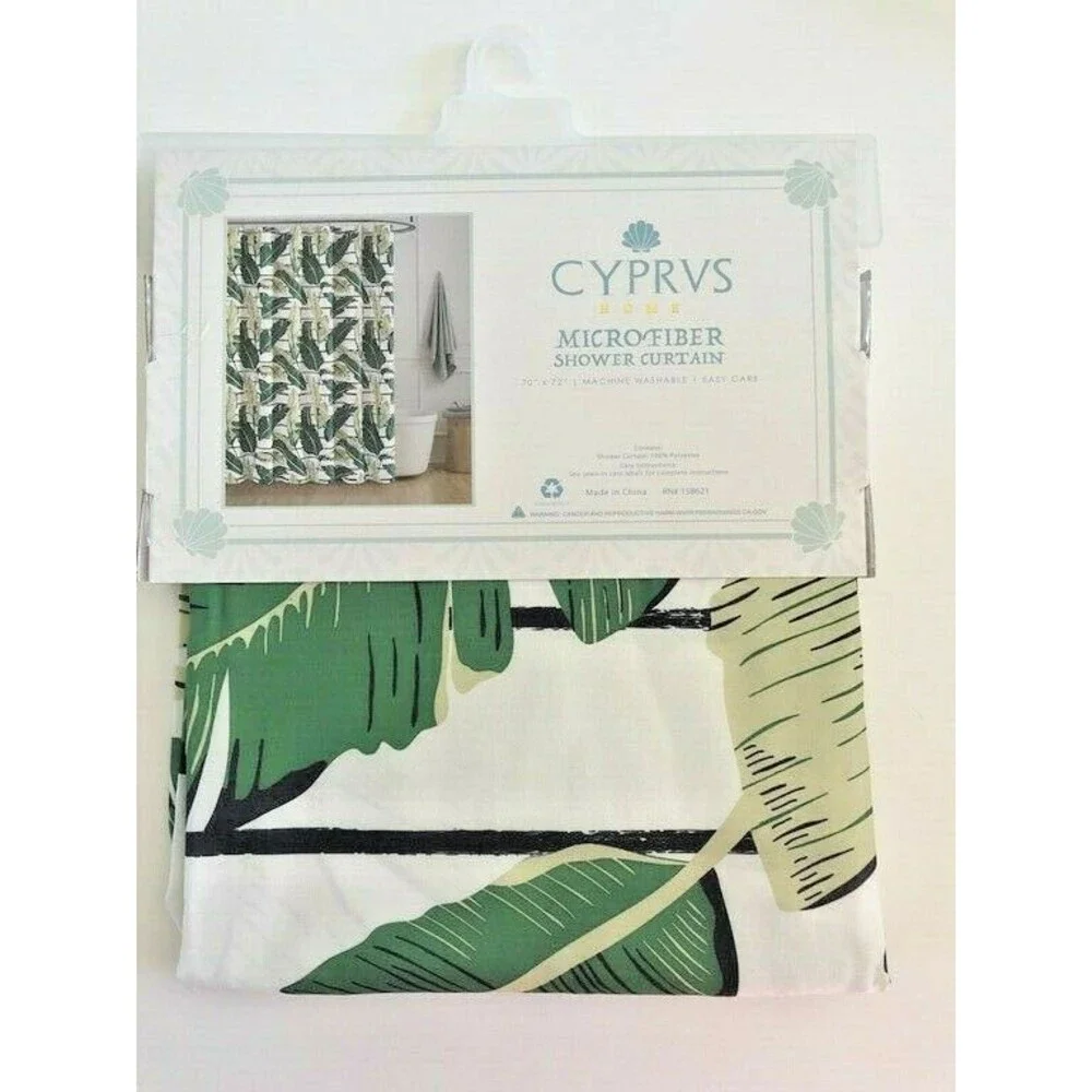 Palm Leaves Fabric Shower Curtain Beach House Green White Tropical 70x72